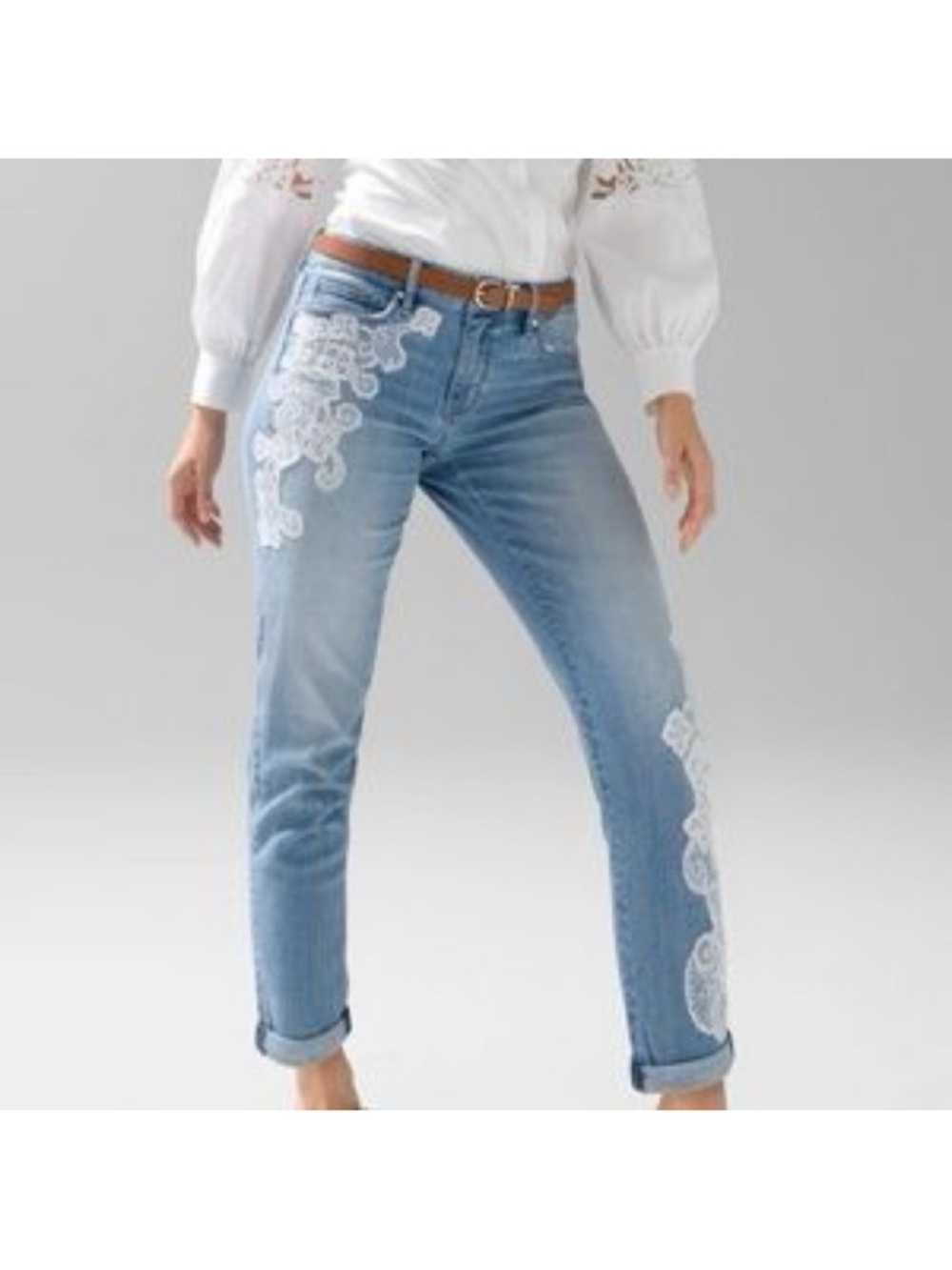 White House Black Market Light Blue Denim Jeans with White Lace Appliqué